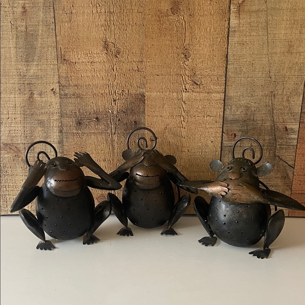 Lot Of 3 Metal Primitive Monkey Tealight Holders Hear, See and Speak No Evil
